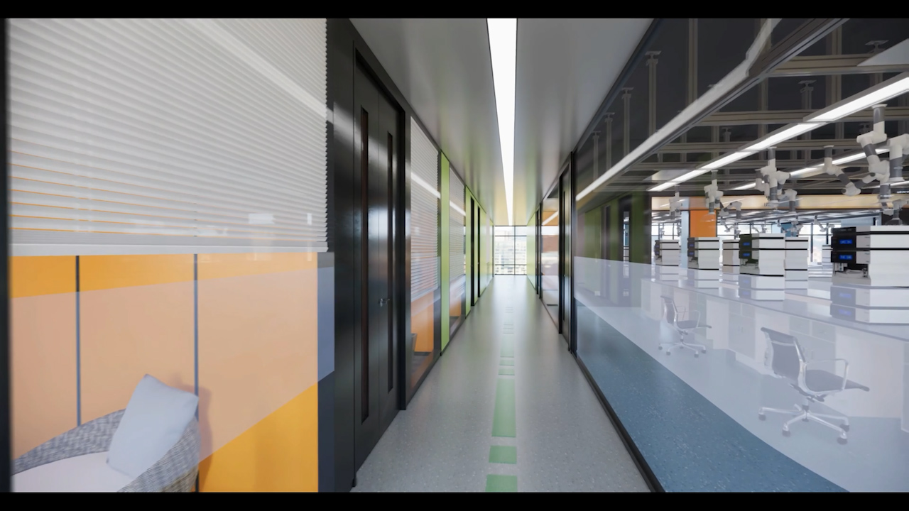 实验室建筑设计漫游动画视频，让您身临其境的巡游在新建实验室内部，各类仪器设备与实验家具合理布局，实景动画视频还