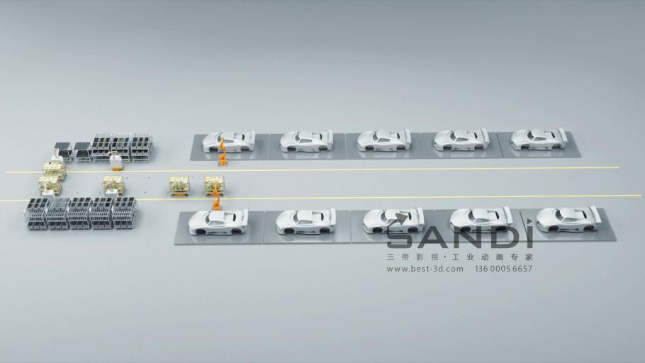 库崎机器人汽车AGV+六轴机器人生产线动画